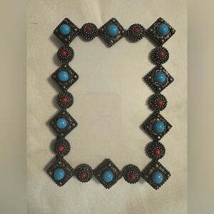 Vintage Mid Century Navajo Gemstone Turquoise Silver Metal Picture Frame 4X6
